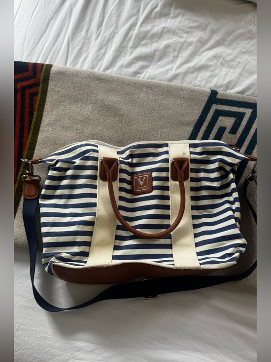 Handbags - Navy Stripe Canvas Tote Bag with Brown Leather Trim